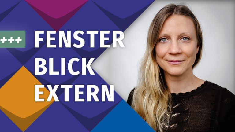 Malin Butschkau, eine lächelnde Frau mit langen blonden Haaren mit dem Titel Fensterblick NRW, eingerahmt in bunte Kacheln des KSL.NRW, daneben steht: +++Neu im Blog+++
